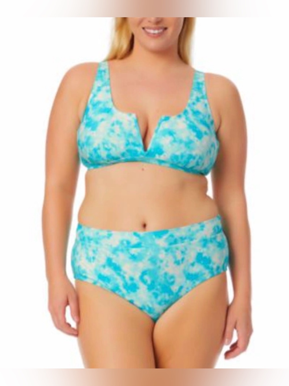 California Waves Plus-Size Turquoise Tie-Dye V-Notch Bikini Set